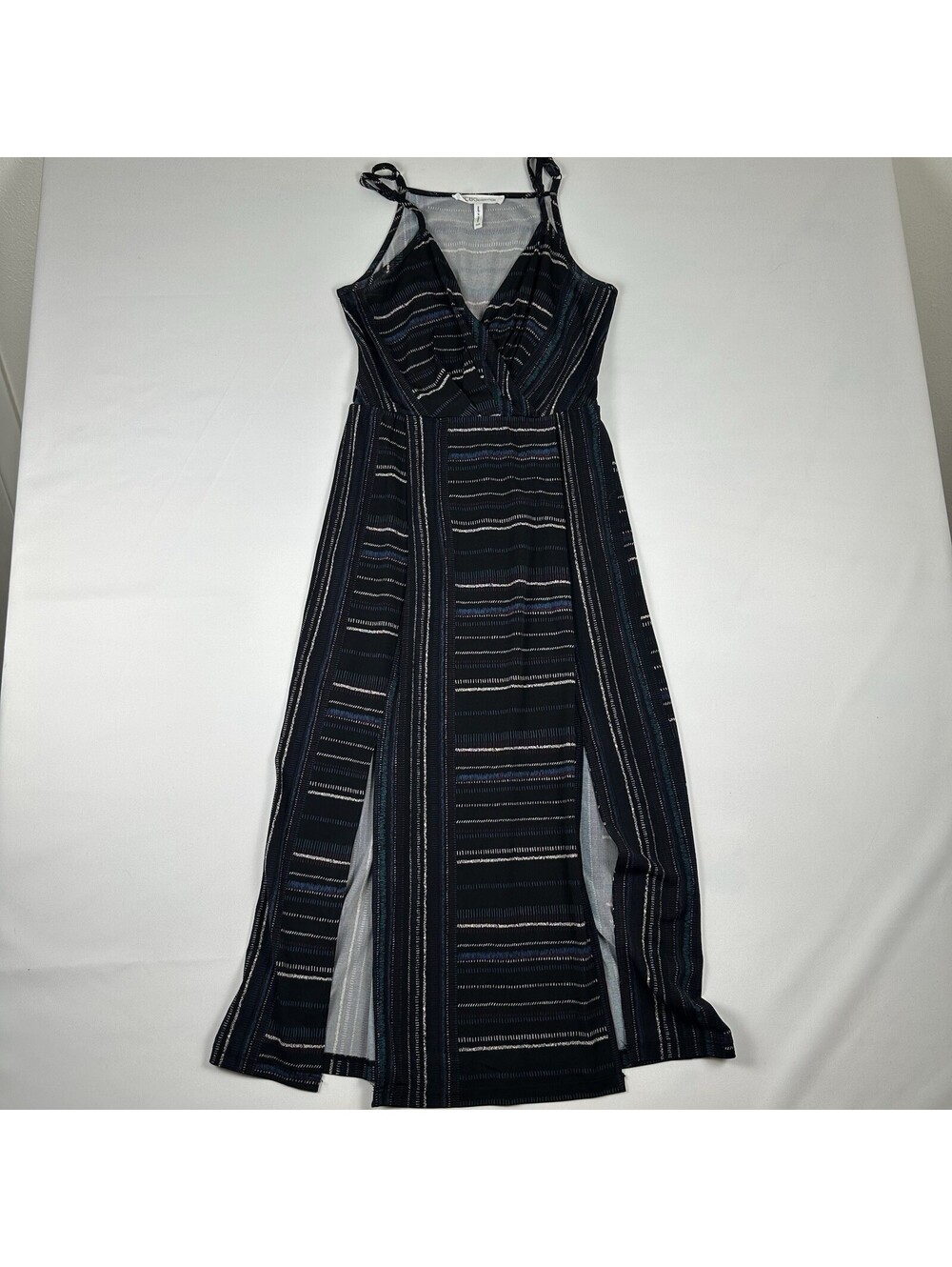 BCBGeneration Womens Size XXS Black Tribal Print Maxi Dress Tie Strap Slit